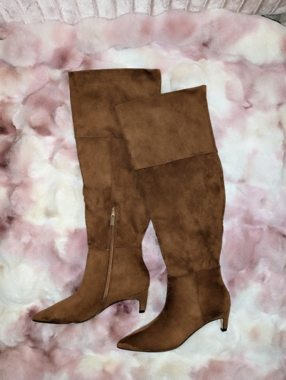 HOT Boutique Chestnut Brown Suede Pointed Toe Kitten Heel Over The Knee Boots Si